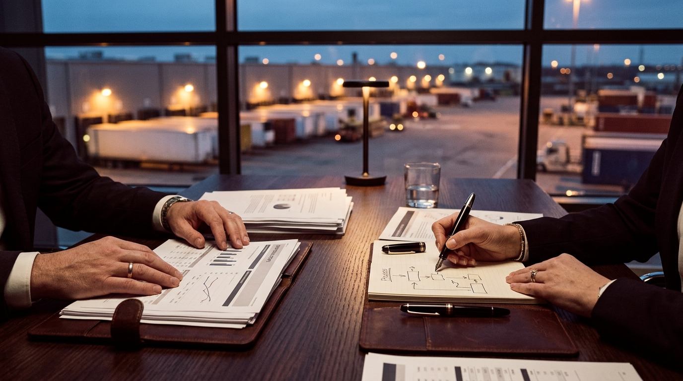 Advisors reviewing operational reports and a process flowchart at a boardroom table