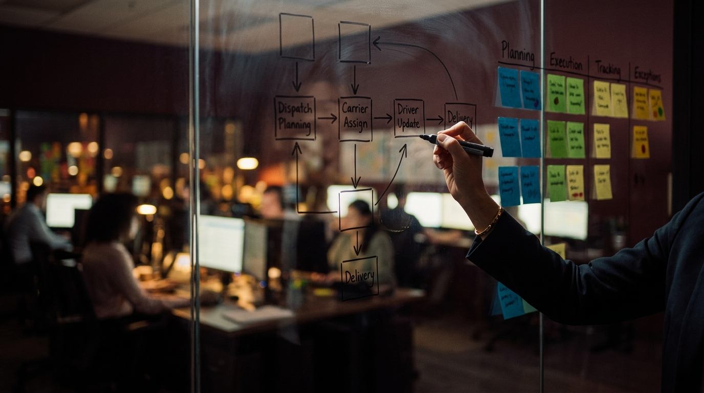 Detailed freight process flowchart and swimlane architecture map on a whiteboard